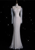 Mermaid Off The Shoulder White Sequin Long Sleeves Wedding Dresses Brides Dress S1867