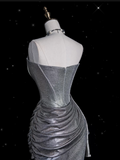 Mermaid Strapless Sequin Silver Evening Gowns Long Prom Dresses SD1868