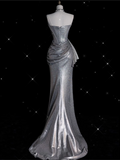 Mermaid Strapless Sequin Silver Evening Gowns Long Prom Dresses SD1868