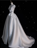Ball Gown V Neckline Satin White Long Wedding Dresses Brides Dress SD1869