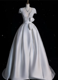 Ball Gown V Neckline Satin White Long Wedding Dresses Brides Dress SD1869