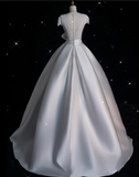 Ball Gown V Neckline Satin White Long Wedding Dresses Brides Dress SD1869
