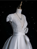 Ball Gown V Neckline Satin White Long Wedding Dresses Brides Dress SD1869