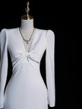 Mermaid V Neckline Long Sleeves White Satin Wedding Dresses Brides Dress SD1870