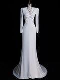 Mermaid V Neckline Long Sleeves White Satin Wedding Dresses Brides Dress SD1870