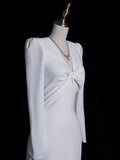 Mermaid V Neckline Long Sleeves White Satin Wedding Dresses Brides Dress SD1870