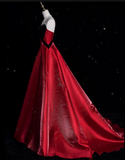 Ball Gown Strapless Red Satin Evening Gowns Long Prom Dresses SD1871