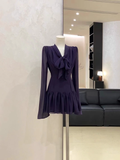 A line V Neckline Ruffled Grape Short Long Sleeve Women Dresses SD188
