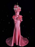 Fashion Mermaid Strapless Pink Satin Floor Length Evening Dress Prom Dresses SD1913