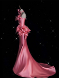 Fashion Mermaid Strapless Pink Satin Floor Length Evening Dress Prom Dresses SD1913