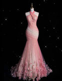 Fashion Mermaid Halter Pink Tulle Floor Length Evening Dress Prom Dresses SD1914