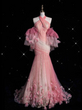 Fashion Mermaid Halter Pink Tulle Floor Length Evening Dress Prom Dresses SD1914