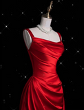 Fashion Sheath Straps Red Satin Floor Length Evening Dress Prom Dresses SD1917