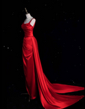 Fashion Sheath Straps Red Satin Floor Length Evening Dress Prom Dresses SD1917