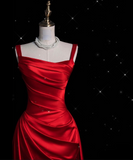 Fashion Sheath Straps Red Satin Floor Length Evening Dress Prom Dresses SD1917