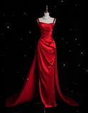 Fashion Sheath Straps Red Satin Floor Length Evening Dress Prom Dresses SD1917