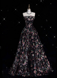 Fashion Ball Gown Strapless Black Floral Floor Length Evening Dress Prom Dresses SD1919