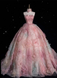 Fashion Ball Gown Strapless Pink Floral Floor Length Evening Dress Prom Dresses SD1920