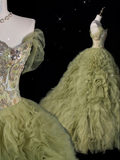 Ball Gown Sweetheart Sage Green Tulle Party Dress Long Prom Dress Evening Dresses SD1925