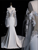 Mermaid Off The Shoulder Long Tulle White Wedding Dresses Brides Dress SD1926