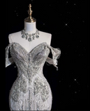 Mermaid Off The Shoulder Sequin Short Sleeves White Wedding Dresses Brides Dress SD1932