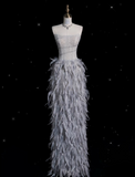 Mermaid Strapless Feathers Floor Length Evening Dress Gray Prom Dresses SD1936