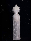 Mermaid Strapless Feathers Floor Length Evening Dress Sequin Prom Dresses SD1937