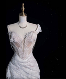 High Low One Shoulder Lace White Long Wedding Dresses SD1943