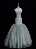 Mermaid Strapless Sage Green Floor Length Evening Dress Tulle Prom Dresses SD1944