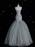 Mermaid Strapless Sage Green Floor Length Evening Dress Tulle Prom Dresses SD1944