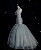 Mermaid Strapless Sage Green Floor Length Evening Dress Tulle Prom Dresses SD1944