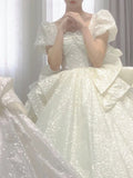 Ball Gown Square Neckline Short Sleeves Sequin White Wedding Dresses Brides Dress SD1945