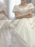 Ball Gown Square Neckline Short Sleeves Sequin White Wedding Dresses Brides Dress SD1945