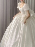 Ball Gown Square Neckline Short Sleeves Sequin White Wedding Dresses Brides Dress SD1945