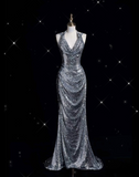 Mermaid Halter Silver Sequin Long Evening Dress Sexy Prom Dresses SD1945