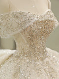 Ball Gown Off The Shoulder Sequin Short Sleeves White Wedding Dresses Brides Dress SD1947