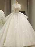 Ball Gown Off The Shoulder Sequin Short Sleeves White Wedding Dresses Brides Dress SD1947