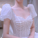 Ball Gown Square Neckline Short Sleeves Sequin White Wedding Dresses Brides Dress SD1948