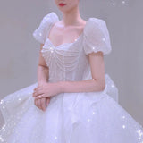 Ball Gown Square Neckline Short Sleeves Sequin White Wedding Dresses Brides Dress SD1948