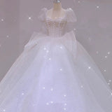 Ball Gown Square Neckline Short Sleeves Sequin White Wedding Dresses Brides Dress SD1948