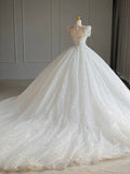 Ball Gown Square Neckline Short Sleeves Sequin White Wedding Dresses Brides Dress SD1949 HZ0628