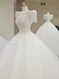 Ball Gown Square Neckline Short Sleeves Sequin White Wedding Dresses Brides Dress SD1949