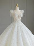 Ball Gown Square Neckline Short Sleeves Sequin White Wedding Dresses Brides Dress SD1949