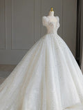 Ball Gown Square Neckline Short Sleeves Sequin White Wedding Dresses Brides Dress SD1949