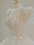 Ball Gown Square Neckline Short Sleeves Sequin White Wedding Dresses Brides Dress SD1949