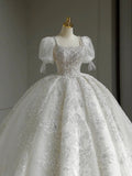 Ball Gown Square Neckline Short Sleeves Sequin White Wedding Dresses Brides Dress SD1950 HZ0628