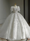 Ball Gown Square Neckline Short Sleeves Sequin White Wedding Dresses Brides Dress SD1950
