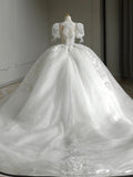 Ball Gown Square Neckline Short Sleeves Sequin White Wedding Dresses Brides Dress SD1950