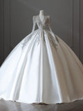 Ball Gown V Neckline Long Sleeves Sequin White Wedding Dresses Brides Dress SD1951