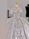 Ball Gown Off The Shoulder Short Sleeves Sequin White Wedding Dresses Brides Dress SD1955